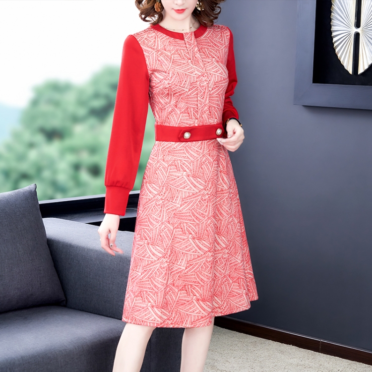 

Long Sleeved Slim Vintage Dress, Size:S(Red)