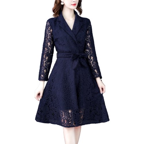 

Waist Slim V-neck High Waist Lace Dress, Size:S(Blue)