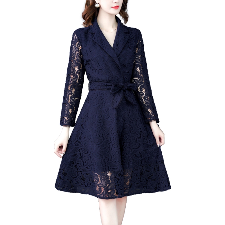 

Waist Slim V-neck High Waist Lace Dress, Size:M(Blue)