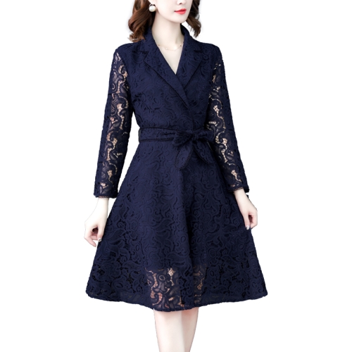 

Waist Slim V-neck High Waist Lace Dress, Size:XXL(Blue)