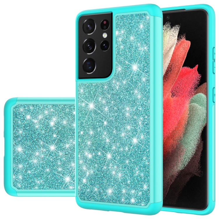 

For Samsung Galaxy S21 Ultra 5G Glitter Powder Contrast Skin Shockproof Silicone + PC Protective Case(Green)