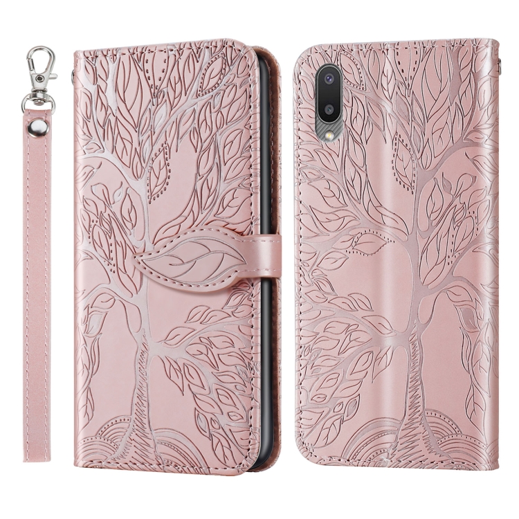 

For Samsung Galaxy A02 Life of Tree Embossing Pattern Horizontal Flip Leather Case with Holder & Card Slot & Wallet & Photo Frame & Lanyard(Rose Gold)