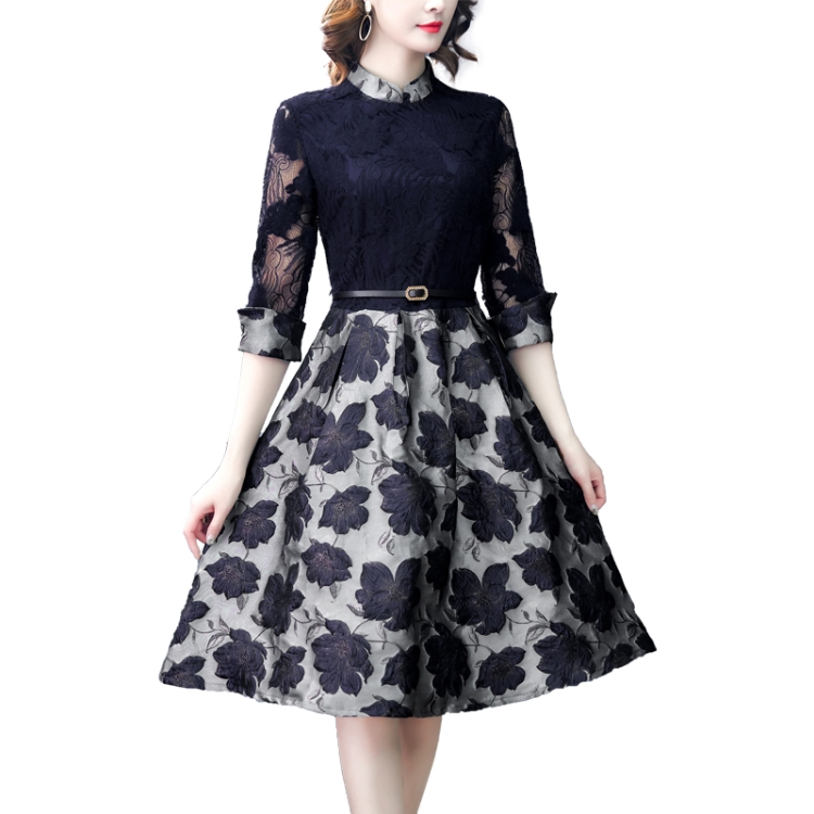 

Fashion Vintage Elegant Lace Stitching Dress, Size:XXL(As Show)