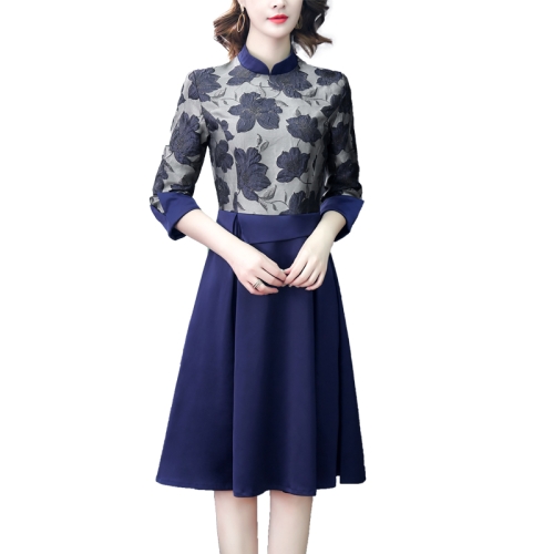 

Stand Collar Stitching Jacquard Seven-quarter Sleeve Dress, Size:L(Dark Blue)