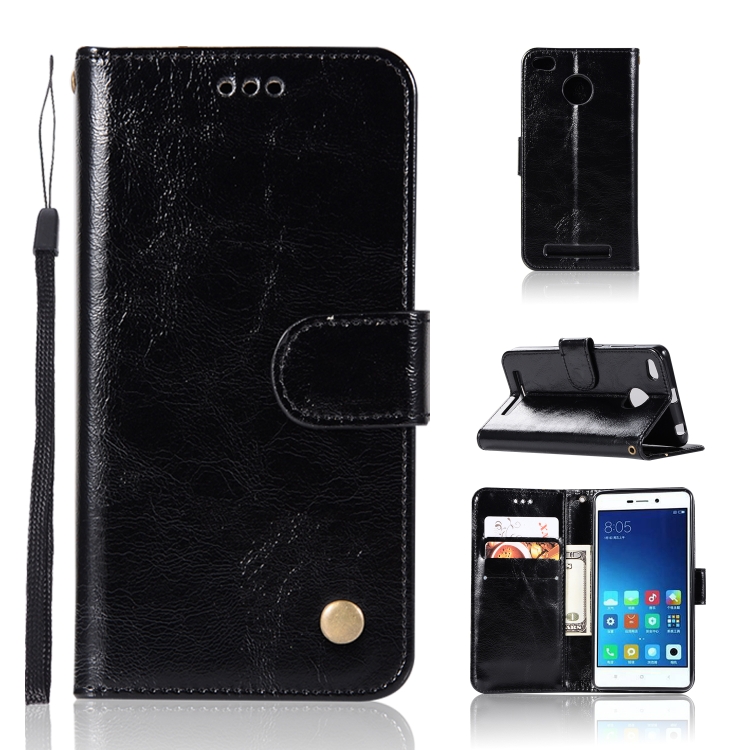 

For Xiaomi Redmi 3S Retro Copper Button Crazy Horse Horizontal Flip PU Leather Case with Holder & Card Slots & Wallet & Lanyard(Black)