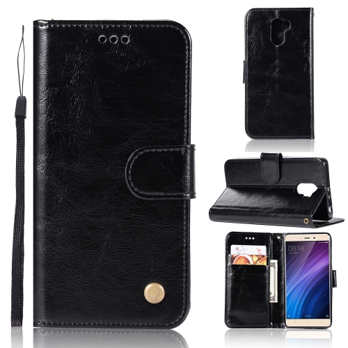 

For Xiaomi Redmi 4 Retro Copper Button Crazy Horse Horizontal Flip PU Leather Case with Holder & Card Slots & Wallet & Lanyard(Black)