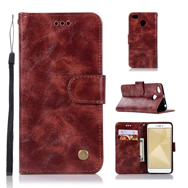 

For Xiaomi Redmi 4X Retro Copper Button Crazy Horse Horizontal Flip PU Leather Case with Holder & Card Slots & Wallet & Lanyard(Wine Red)
