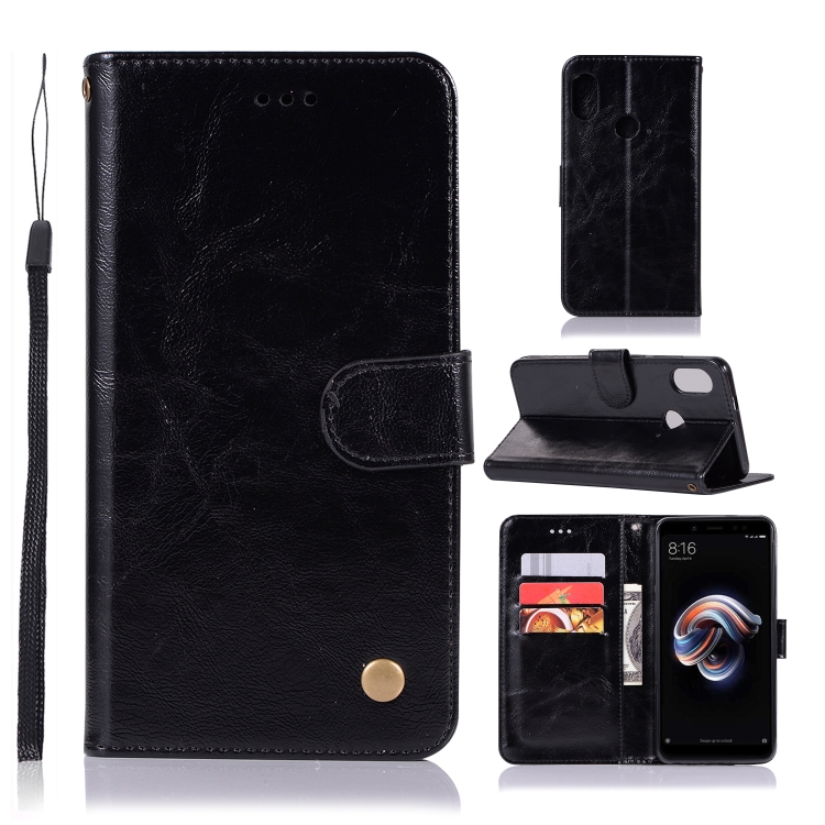 

For Xiaomi Redmi Note 5 Pro Retro Copper Button Crazy Horse Horizontal Flip PU Leather Case with Holder & Card Slots & Wallet & Lanyard(Black)