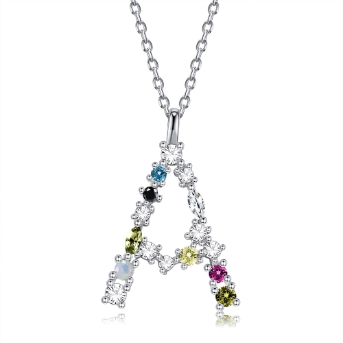 

S925 Sterling Silver 26 Engligh Letters Colorful Zircon Women Nacklace Jewelry, Style:A(Silver)