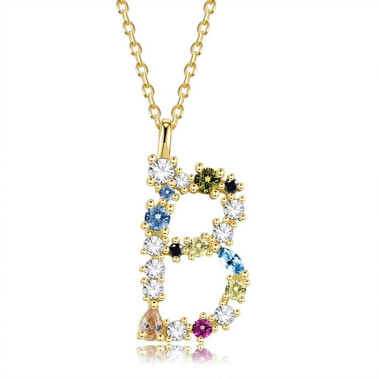 

S925 Sterling Silver 26 Engligh Letters Colorful Zircon Women Nacklace Jewelry, Style:B(Gold)