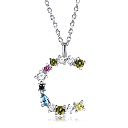 

S925 Sterling Silver 26 Engligh Letters Colorful Zircon Women Nacklace Jewelry, Style:C(Silver)