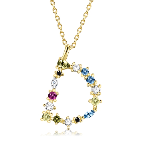 

S925 Sterling Silver 26 Engligh Letters Colorful Zircon Women Nacklace Jewelry, Style:D(Gold)