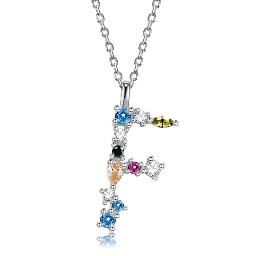 

S925 Sterling Silver 26 Engligh Letters Colorful Zircon Women Nacklace Jewelry, Style:F(Silver)