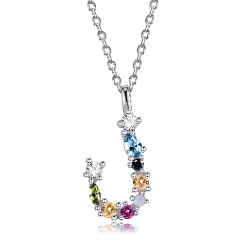 

S925 Sterling Silver 26 Engligh Letters Colorful Zircon Women Nacklace Jewelry, Style:J(Silver)