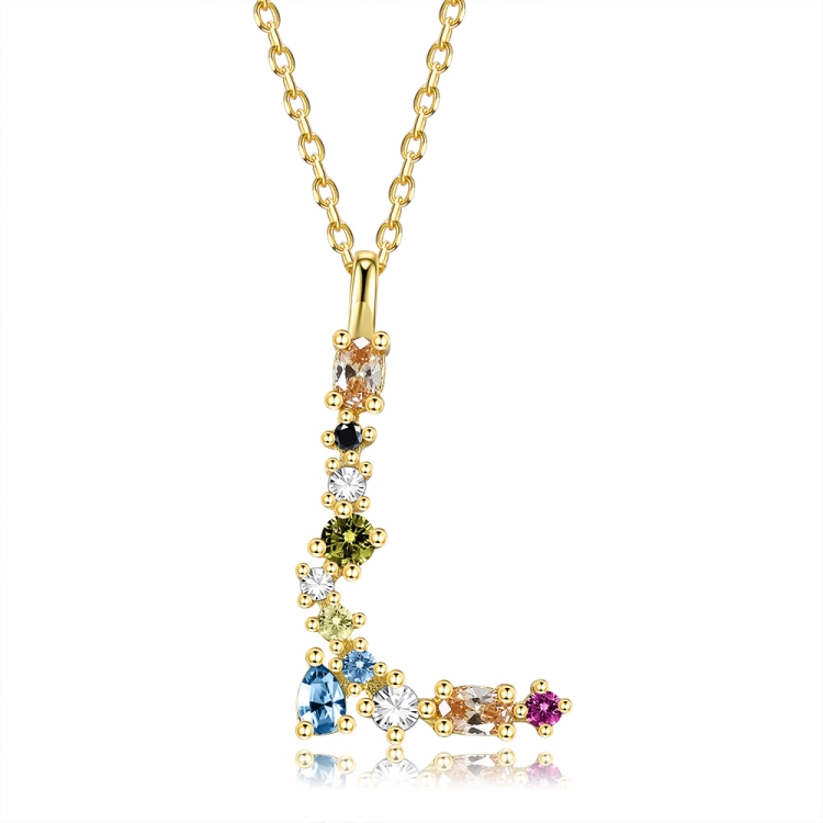 

S925 Sterling Silver 26 Engligh Letters Colorful Zircon Women Nacklace Jewelry, Style:L(Gold)