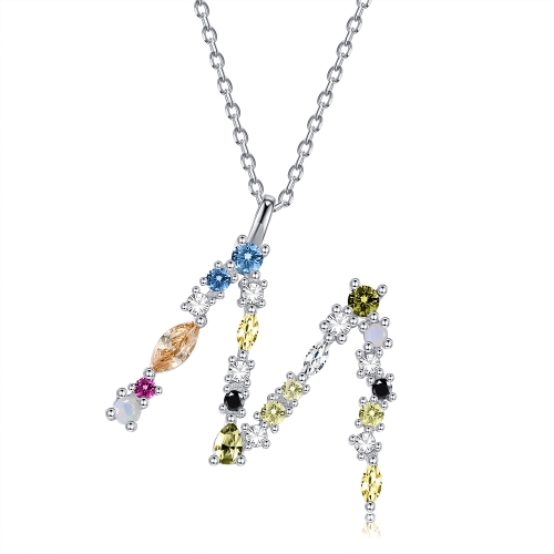 

S925 Sterling Silver 26 Engligh Letters Colorful Zircon Women Nacklace Jewelry, Style:M(Silver)