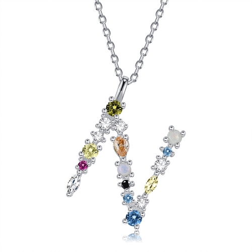 

S925 Sterling Silver 26 Engligh Letters Colorful Zircon Women Nacklace Jewelry, Style:N(Silver)
