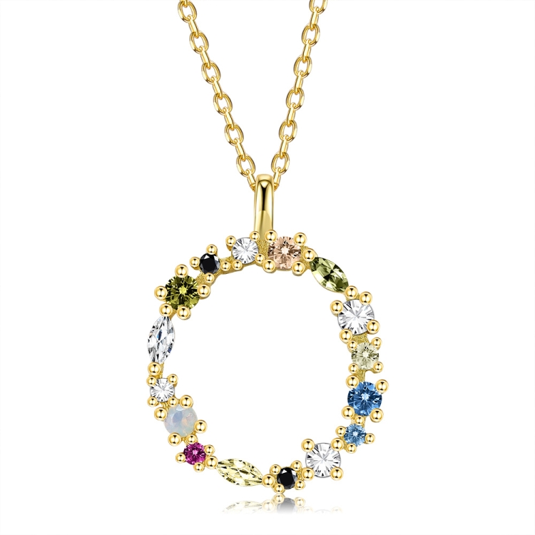 

S925 Sterling Silver 26 Engligh Letters Colorful Zircon Women Nacklace Jewelry, Style:O(Gold)