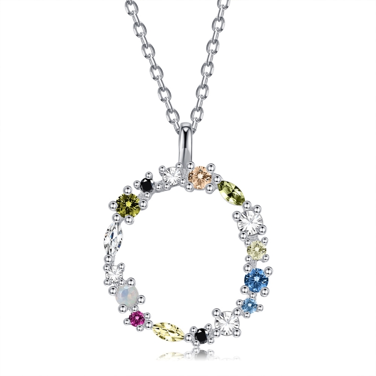 

S925 Sterling Silver 26 Engligh Letters Colorful Zircon Women Nacklace Jewelry, Style:O(Silver)