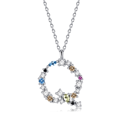 

S925 Sterling Silver 26 Engligh Letters Colorful Zircon Women Nacklace Jewelry, Style:Q(Silver)