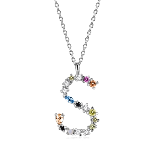 

S925 Sterling Silver 26 Engligh Letters Colorful Zircon Women Nacklace Jewelry, Style:S(Silver)