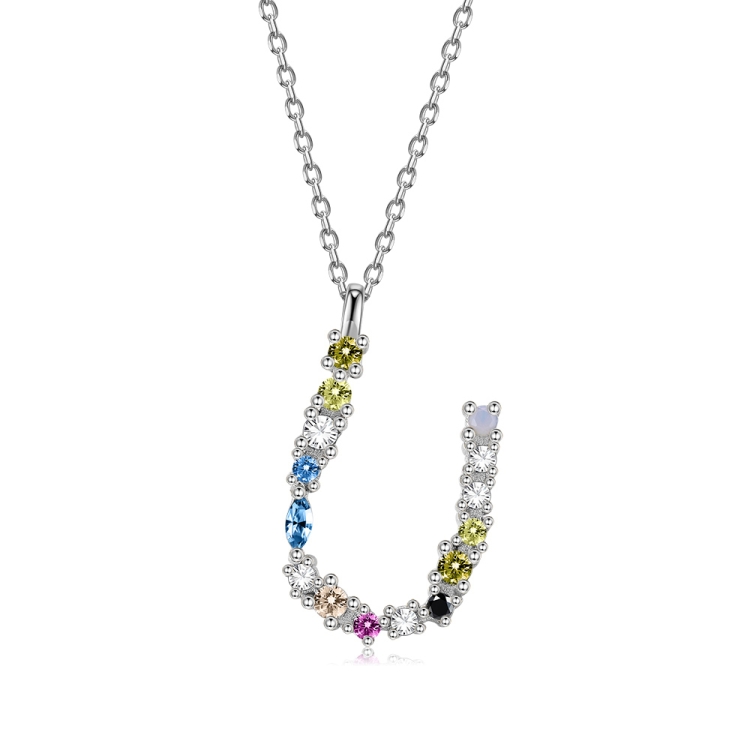 

S925 Sterling Silver 26 Engligh Letters Colorful Zircon Women Nacklace Jewelry, Style:U(Silver)