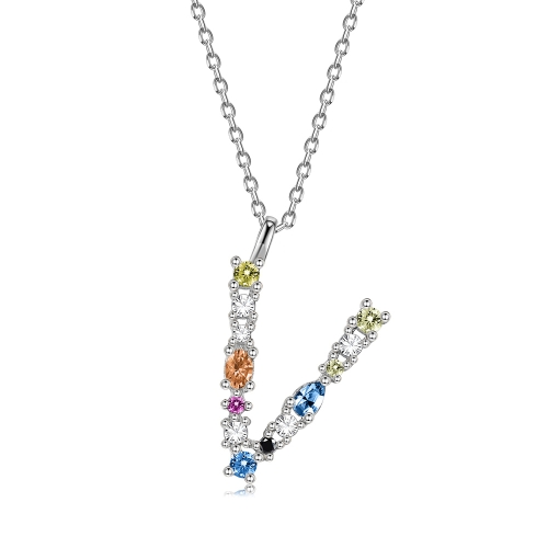 

S925 Sterling Silver 26 Engligh Letters Colorful Zircon Women Nacklace Jewelry, Style:V(Silver)