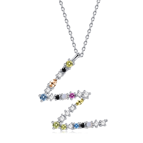 

S925 Sterling Silver 26 Engligh Letters Colorful Zircon Women Nacklace Jewelry, Style:W(Silver)