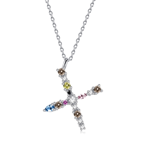 

S925 Sterling Silver 26 Engligh Letters Colorful Zircon Women Nacklace Jewelry, Style:X(Silver)