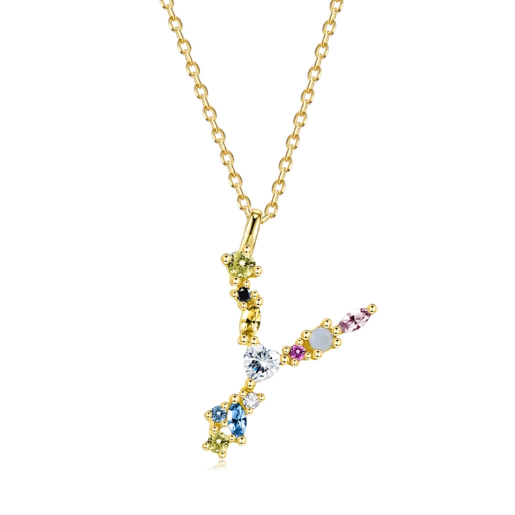 

S925 Sterling Silver 26 Engligh Letters Colorful Zircon Women Nacklace Jewelry, Style:Y(Gold)