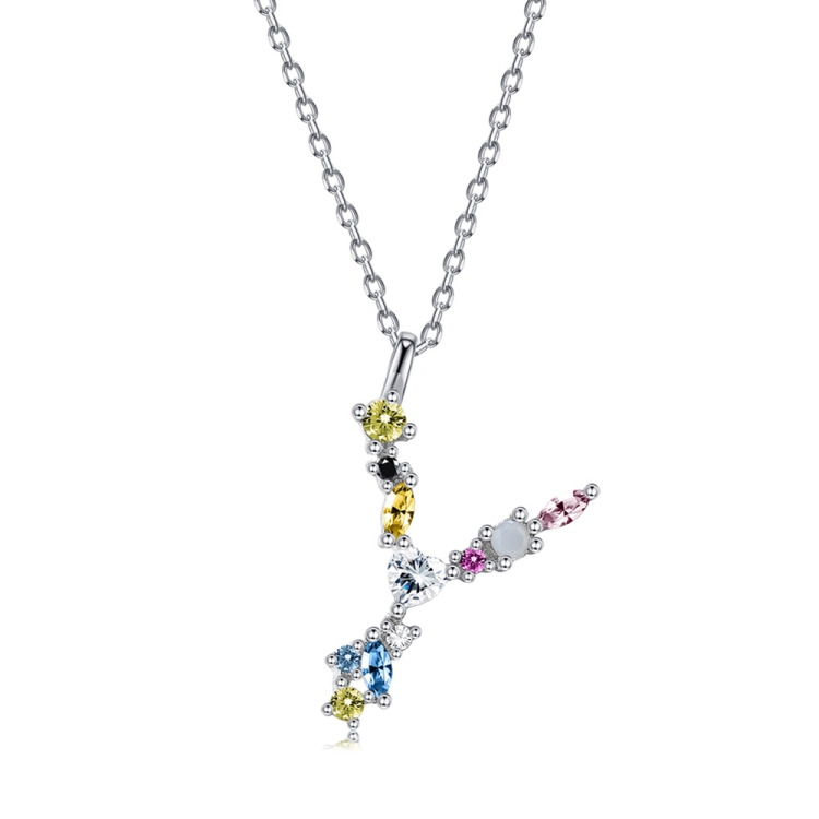 

S925 Sterling Silver 26 Engligh Letters Colorful Zircon Women Nacklace Jewelry, Style:Y(Silver)
