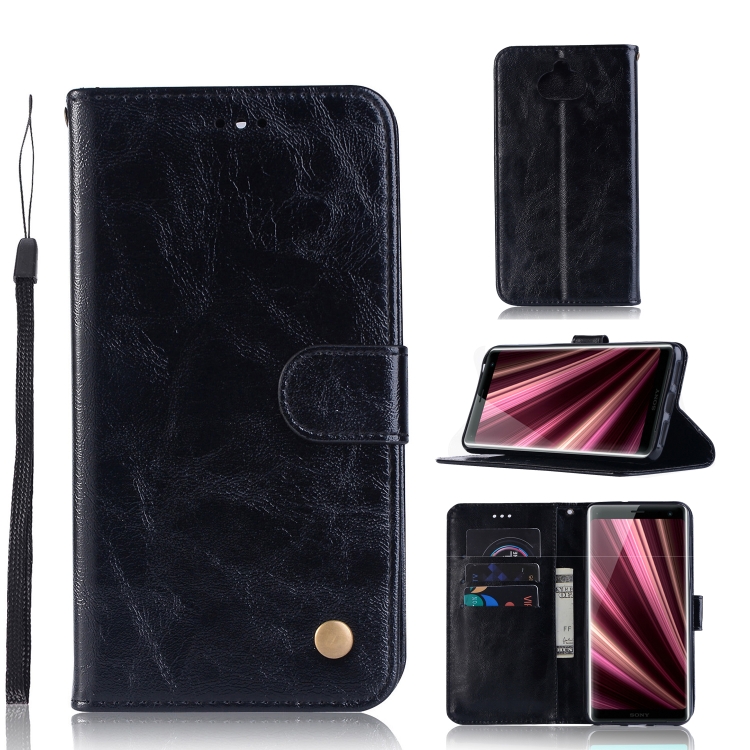

For Sony Xperia 10 Retro Copper Button Crazy Horse Horizontal Flip PU Leather Case with Holder & Card Slots & Wallet & Lanyard(Black)