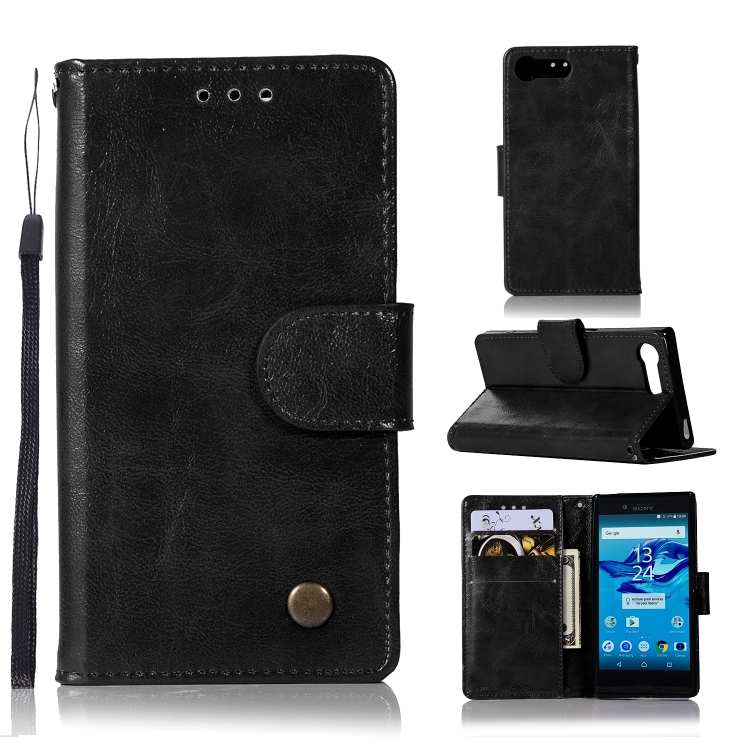 

For Sony Xperia X Compact Retro Copper Button Crazy Horse Horizontal Flip PU Leather Case with Holder & Card Slots & Wallet & Lanyard(Black)