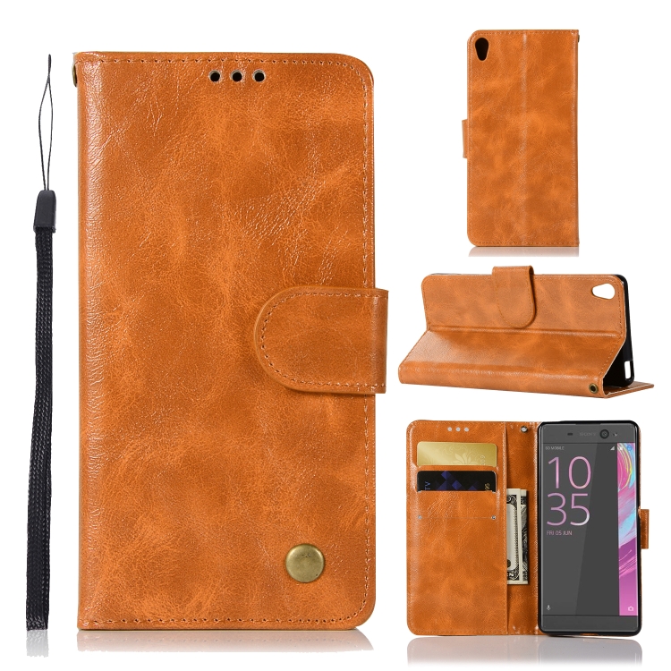 

For Sony Xperia X Performance Retro Copper Button Crazy Horse Horizontal Flip PU Leather Case with Holder & Card Slots & Wallet & Lanyard(Gold Yellow)