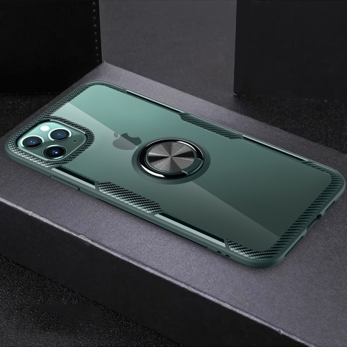 

For iPhone 11 Pro Max Shockproof Transparent TPU + Acrylic Protective Case with Ring Holder(Dark Green)