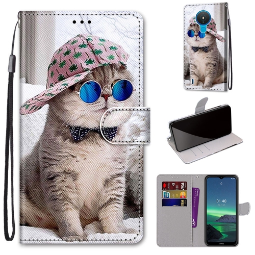

For Nokia 1.4 Coloured Drawing Cross Texture Horizontal Flip PU Leather Case with Holder & Card Slots & Wallet & Lanyard(Slant Hat Blue Mirror Cat)