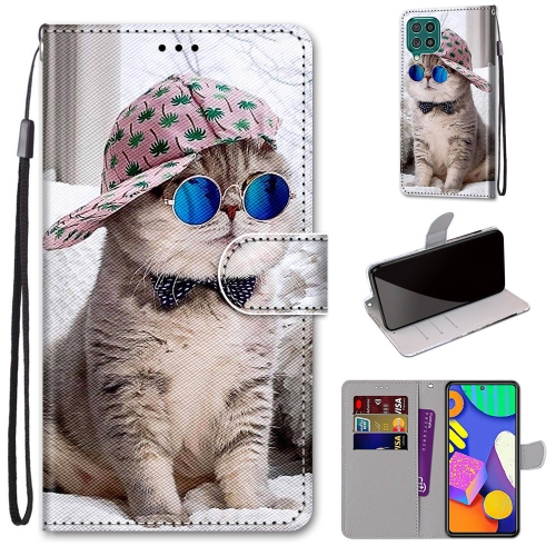 

For Samsung Galaxy F62 / M62 Coloured Drawing Cross Texture Horizontal Flip PU Leather Case with Holder & Card Slots & Wallet & Lanyard(Slant Hat Blue Mirror Cat)