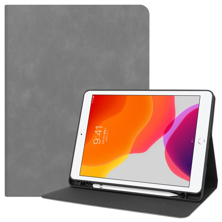 

For iPad 10.2 Cowhide Texture Pattern Horizontal Flip Leather Case with Holder & Pen Slots & Sleep / Wake-Up Function(Grey)