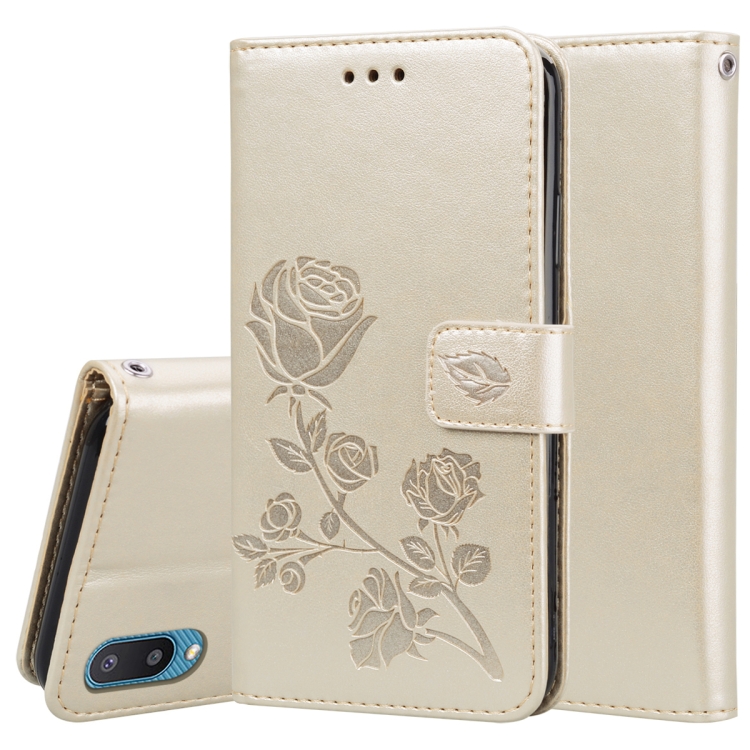 

For Samsung Galaxy A02 (EU Version) Rose Embossed Horizontal Flip PU Leather Case with Holder & Card Slots & Wallet(Gold)