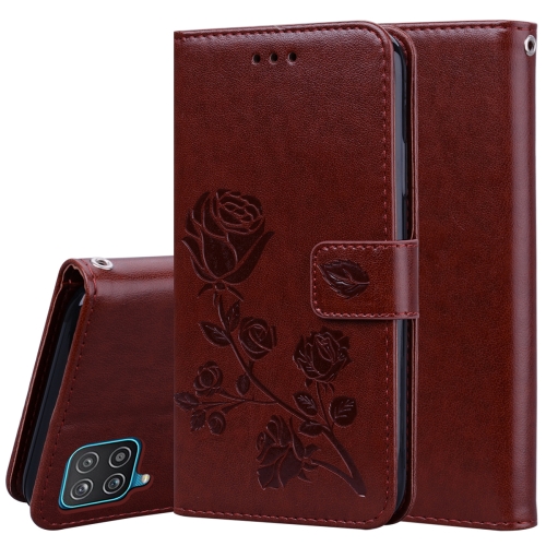 

For Samsung Galaxy A12 Rose Embossed Horizontal Flip PU Leather Case with Holder & Card Slots & Wallet(Brown)