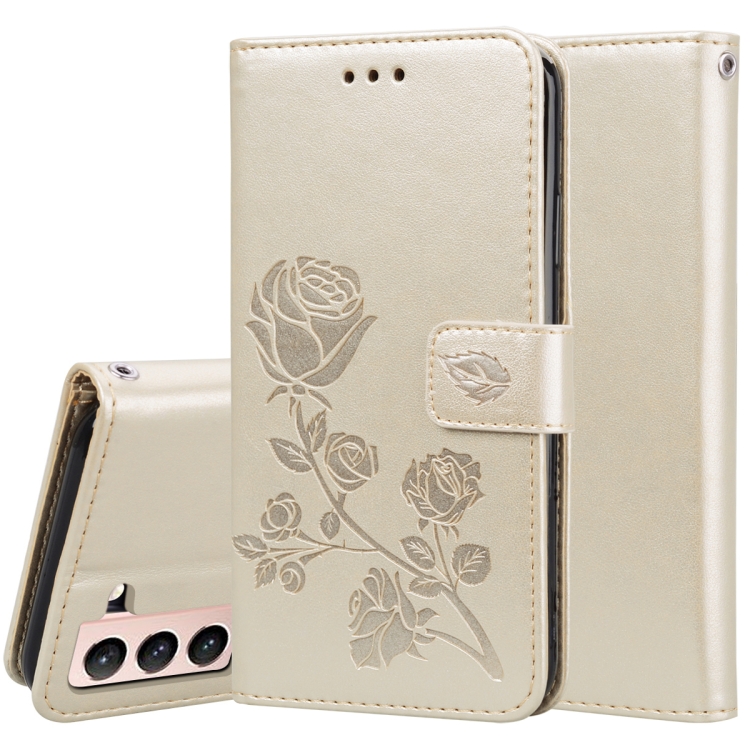 

For Samsung Galaxy S21 5G Rose Embossed Horizontal Flip PU Leather Case with Holder & Card Slots & Wallet(Gold)