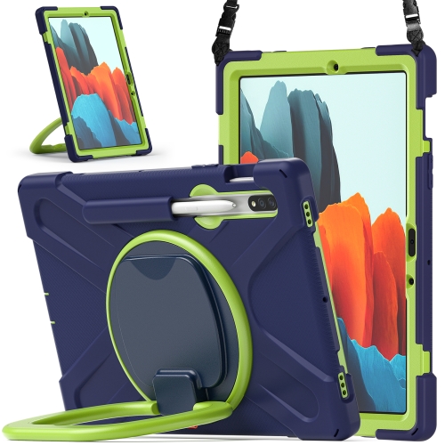 

For Samsung Galaxy Tab S7 T870 / T875 Silicone + PC Protective Case with Holder & Shoulder Strap(Navy Blue + Yellow Green)