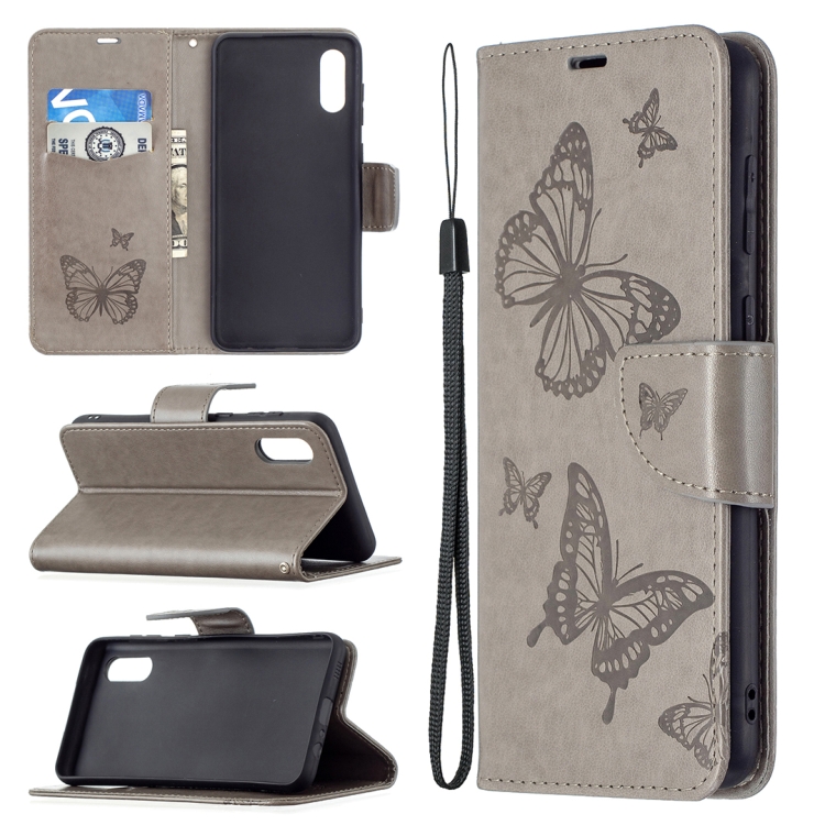 

For Samsung Galaxy A02 Embossing Two Butterflies Pattern Horizontal Flip PU Leather Case with Holder & Card Slot & Wallet & Lanyard(Gray)