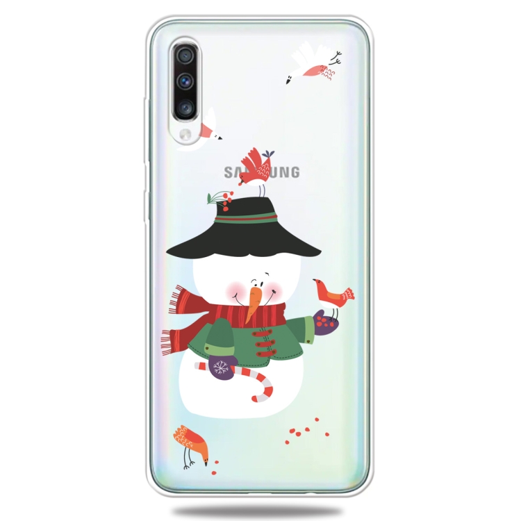 

For Galaxy A50 Trendy Cute Christmas Patterned Clear TPU Protective Case(Bird and Snowman)