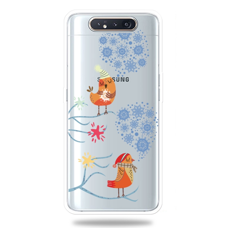 

For Galaxy A80 Trendy Cute Christmas Patterned Clear TPU Protective Case(Snowflake and Birds)