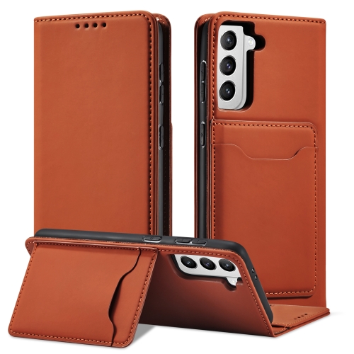 

For Samsung Galaxy S21 FE Strong Magnetism Liquid Feel Horizontal Flip Leather Case with Holder & Card Slots & Wallet(Brown)