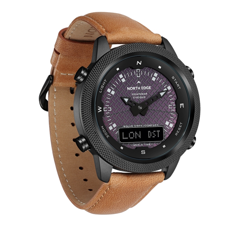 

NORTH EDGE EVOQUE Solar Charging Outdoor Waterproof Luminous Sports Watch Multi-function Dual Display Leather Strap Watch(Black)