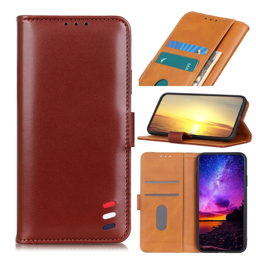 

For Samsung Galaxy A22 5G (EU Version) 3-Color Pearl Texture Magnetic Buckle Horizontal Flip PU Leather Case with Card Slots & Wallet & Holder(Brown)