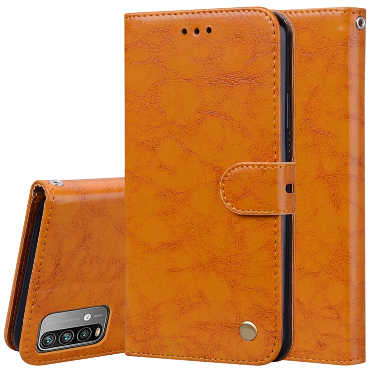 

For Xiaomi Poco M3 Business Style Oil Wax Texture Horizontal Flip Leather Case with Holder & Card Slots & Wallet(Yellow)