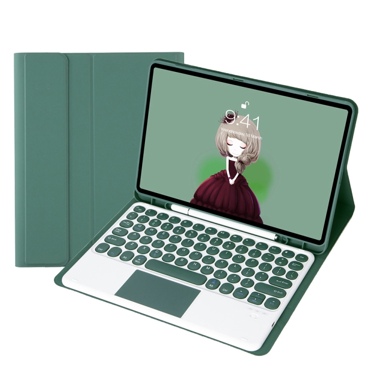 

YT098B-A Detachable Candy Color Skin Texture Round Keycap Bluetooth Keyboard Leather Tablet Case with Touch Control & Pen Slot & Stand For iPad Air 4 10.9 inch (2020)(Dark Green)